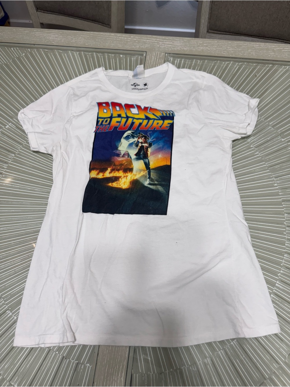 Universal White Back to the Future Graphic Tee with Multicolor Print